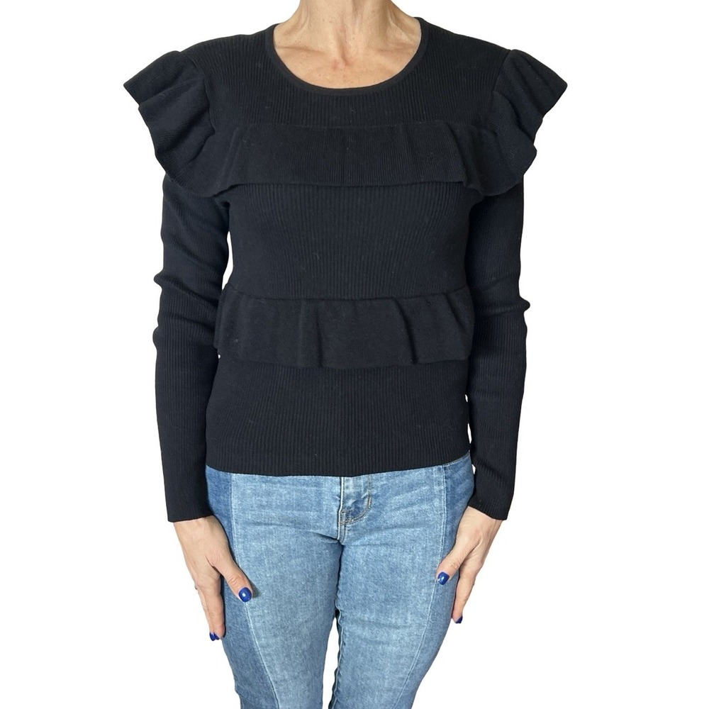 Parker Black Sweater Jumper Long Sleeve Ruffle Ribbed Cotton Knit Small